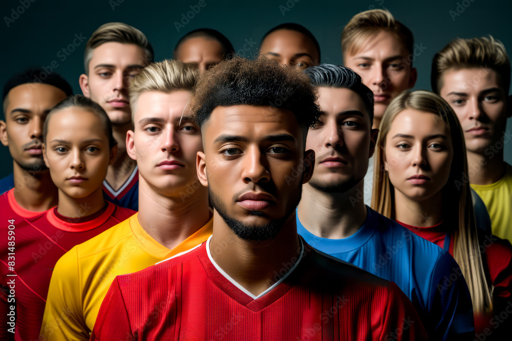 Group of young men and women standing in front of black background. Generative AI Group of young men and women standing in front of black background. Generative AI