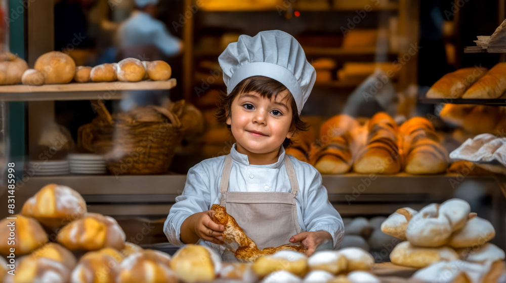Little boy that is standing in front of some bread in store. Little boy that is standing in front of some bread in store.