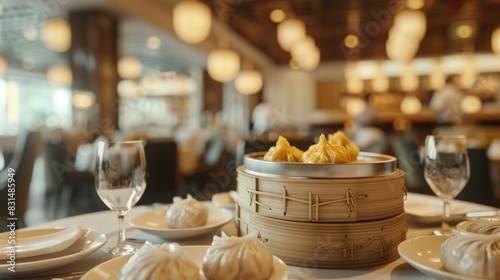 Chinese dim sum, bustling Hong Kong restaurant, detailed table setting, lively atmosphere. photo
