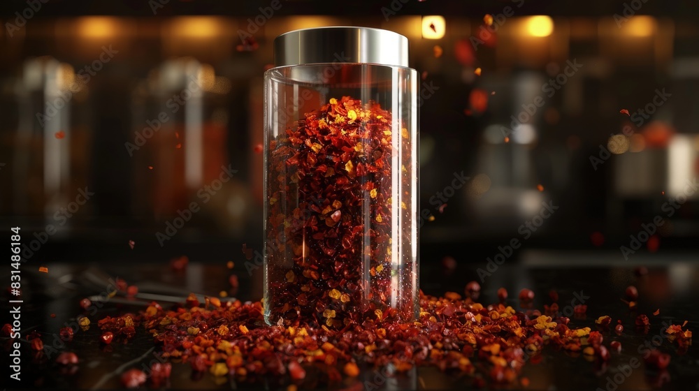 Crushed red pepper, hot and vibrant, in a glass shaker. Crushed red pepper, hot and vibrant, in a glass shaker.