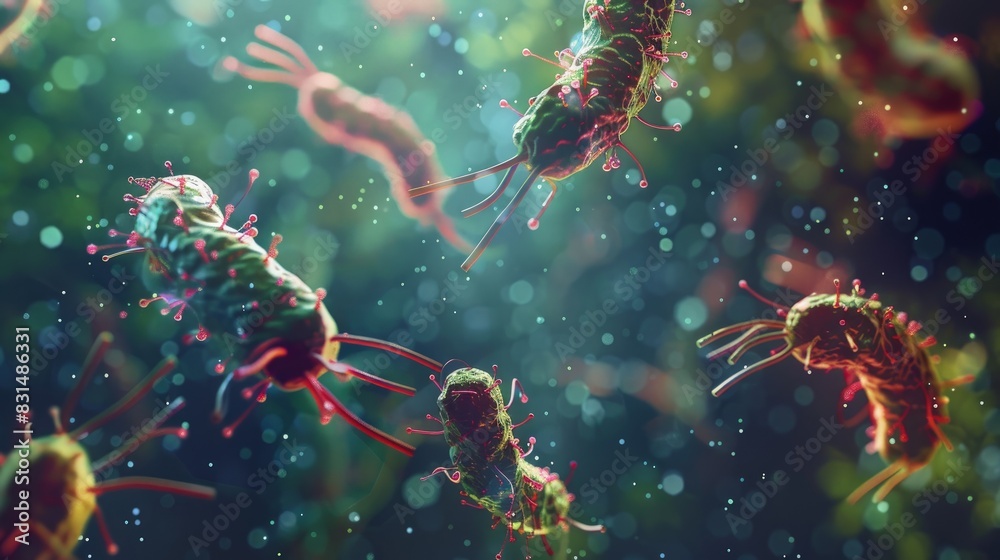 Digital animation of bacteria undergoing binary fission in a controlled lab environment. Digital animation of bacteria undergoing binary fission in a controlled lab environment.