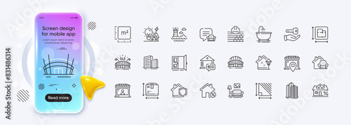 Lounge place, Mortgage and Market seller line icons for web app. Phone mockup gradient screen. Pack of Open door, Building energy, Triangle area pictogram icons. Vector