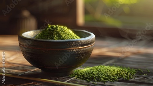 Matcha powder, vibrant green tea, in a traditional bowl. photo