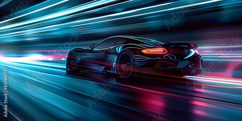 Neon sports car speeding on futuristic highway with vivid realistic visuals. Concept Futuristic Highway, Neon Sports Car, Speeding, Vivid Visuals, Realistic Colors