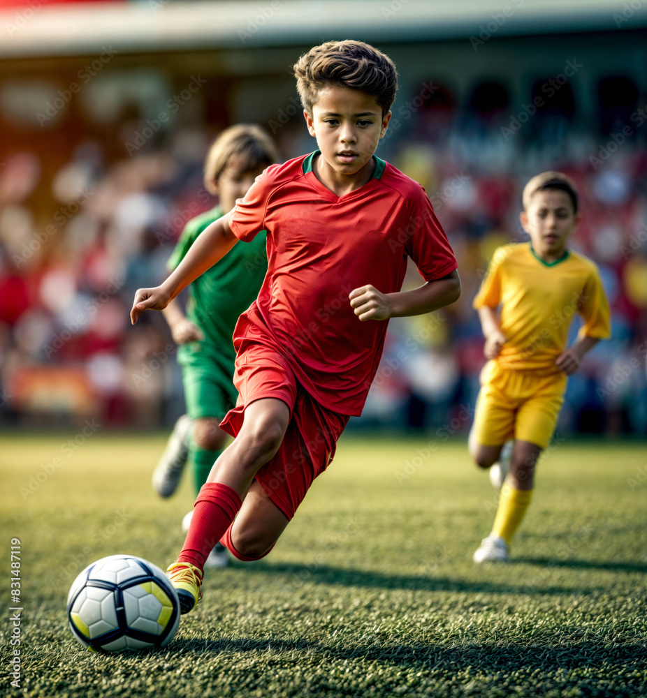 Fototapeta premium A boy in a red shirt is running with a soccer ball