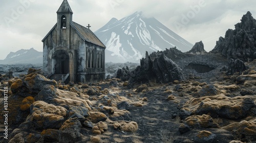 Abandoned church near a volcanic mountain, partly buried in lava flow remnants. photo