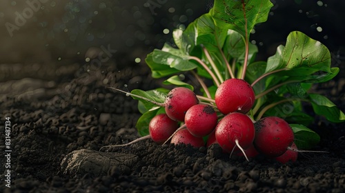 Bunch of red radishes, freshly washed, vibrant against dark soil.