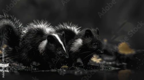 Skunks foraging at night, black and white theme, cautious approach.