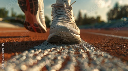 Sprinter's shoes on track, detailed view, ready for explosive start . photo