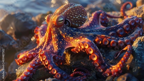 An octopus changing colors and textures, camouflage in rocky underwater landscapes. © Gefo