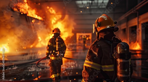 AI in firefighter training, virtual fire scenarios, intense, immersive.