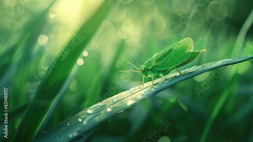 Leafhopper on a grass blade, vibrant green, tiny jumper.
