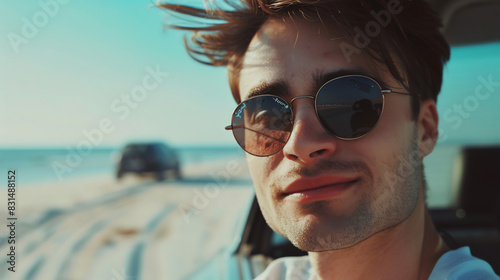 Portrait of a brutal man in sunglasses on the beach, close-up photo