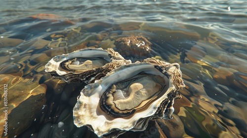 Oysters in estuary, filter feeding, vital ecosystem role.