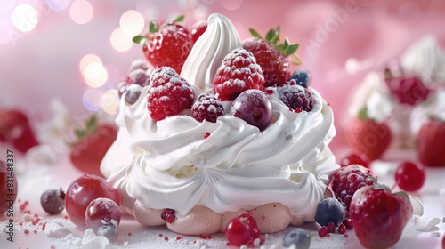 Pavlova, meringue base, whipped cream and fresh berries. photo