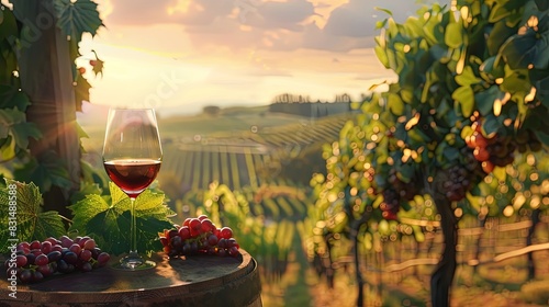 Wine tasting in the vineyards of Tuscany, rolling hills, Italian elegance, sunlit grapes.