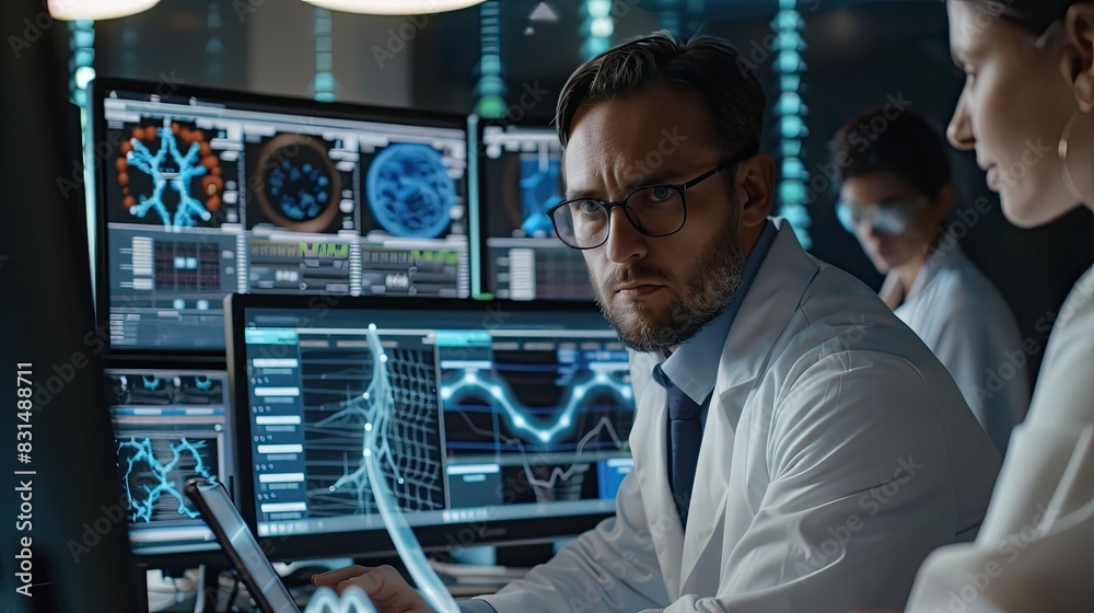 Fototapeta premium Biotech research team using AI to predict genetic mutation outcomes.