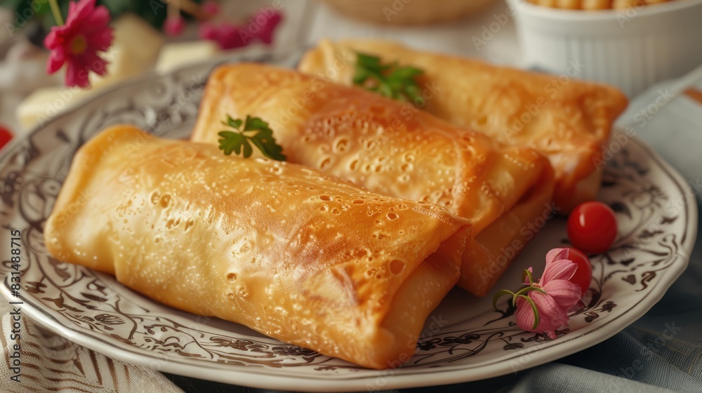 Blintzes, filled with cheese or fruit, lightly fried. Blintzes, filled with cheese or fruit, lightly fried.
