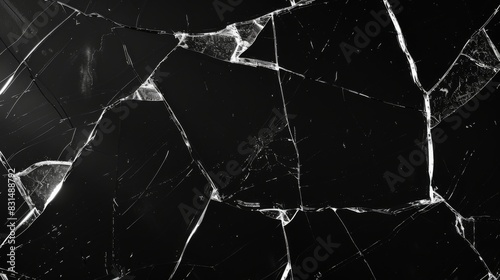 Broken glass cracks texture on black background. Sharp Lines on Clear Glass.