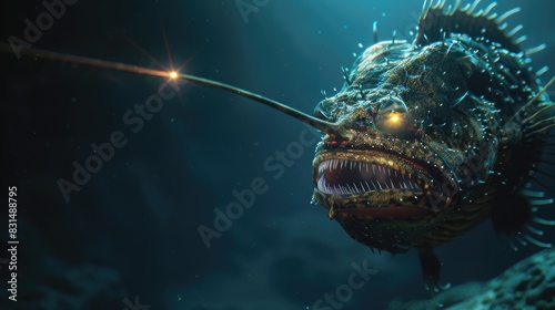 Anglerfish lurking in the dark depths, its bioluminescent lure attracting unsuspecting prey.