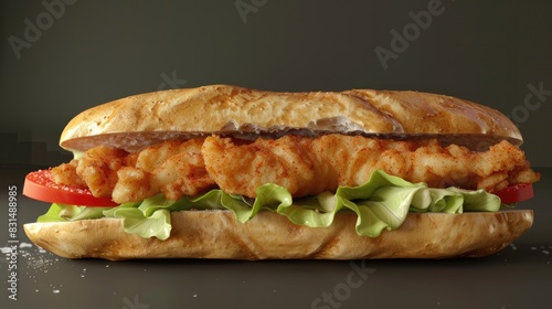 Catfish po'boy, crispy fried, with lettuce and tomato on a French loaf.