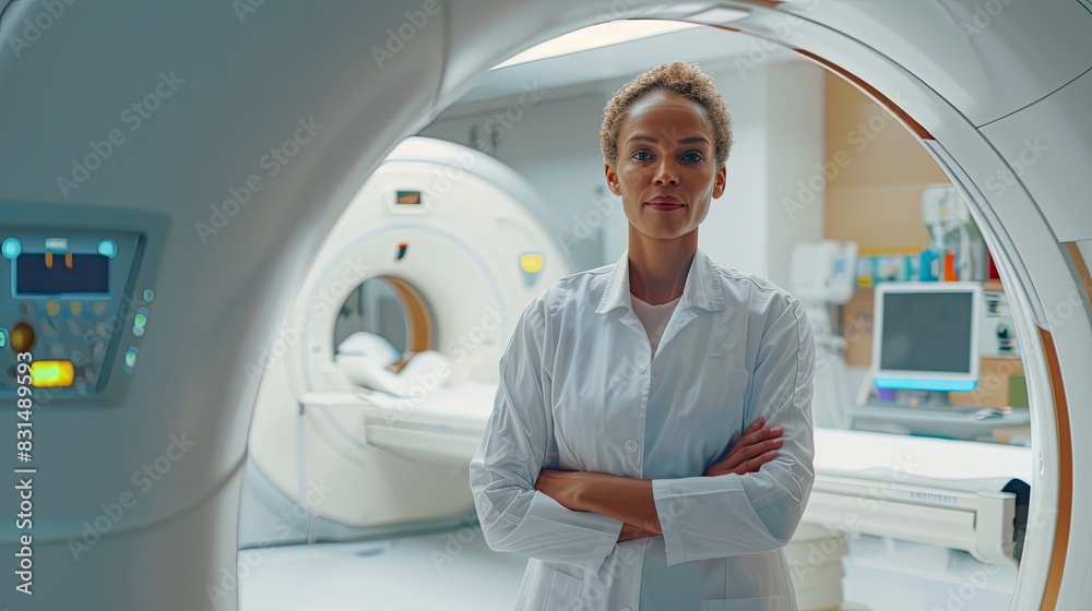 Radiology technician explaining the safety procedures for a full-body CT scan. Radiology technician explaining the safety procedures for a full-body CT scan.