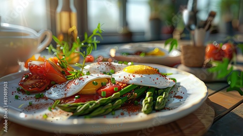 Mediterranean breakfast, poached eggs, asparagus, tomato relish.