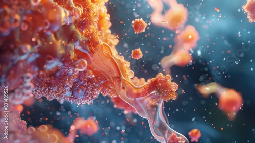 Microscopic view of an amoeba capturing food particles, showcasing natural microorganism behavior. photo