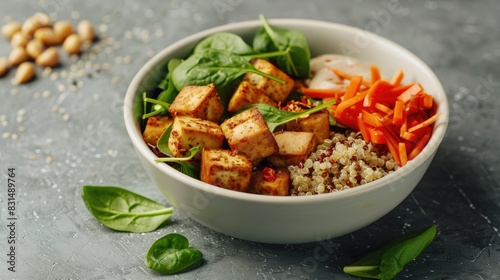 Vegan protein bowl, tofu, quinoa, spinach, colorful, nutritious.