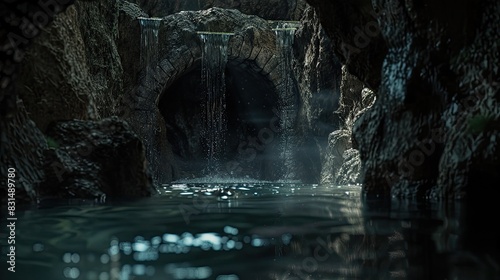 Underground river flowing silently through a dark cave, echoing softly against stone walls. photo