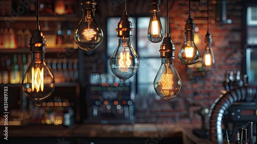 Vintage-style bulbs in a machinery-themed bar.