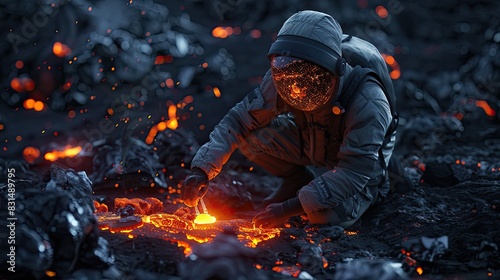 Volcanologist sampling lava for research, the glow illuminating their face. photo