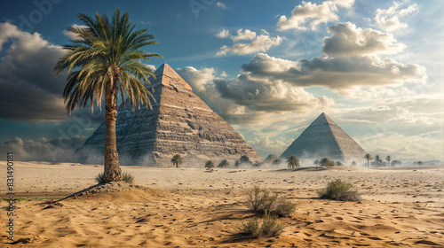 desert landscape with a palm tree in the foreground and two pyramids in the background