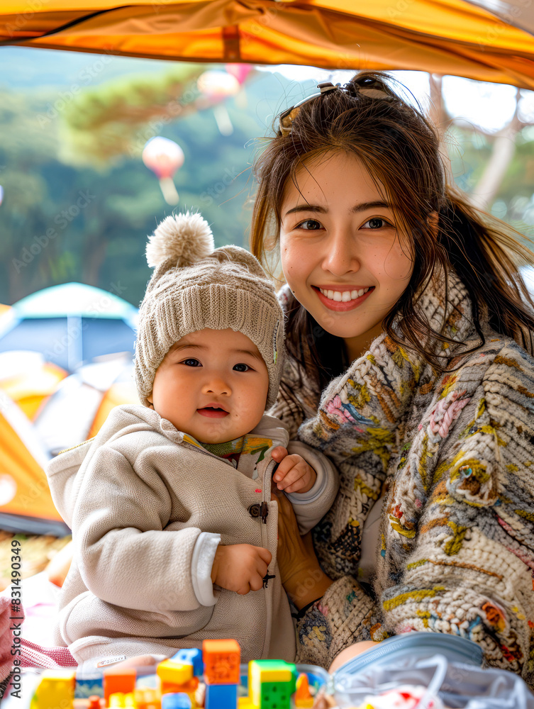 Obraz premium Woman holding small child in her arms in front of tent.