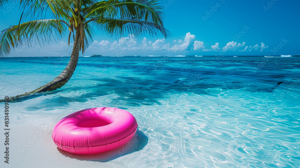 Pink lifebuoy on the water, in the sea, close-up Pink lifebuoy on the water, in the sea, close-up