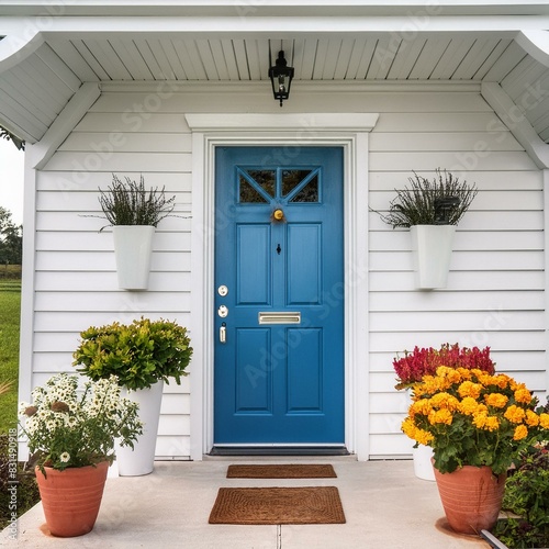 blue front door of a white modern farmhouse photo