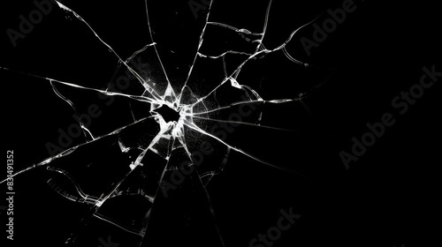 Broken glass cracks texture on black background. Sharp Lines on Clear Glass.