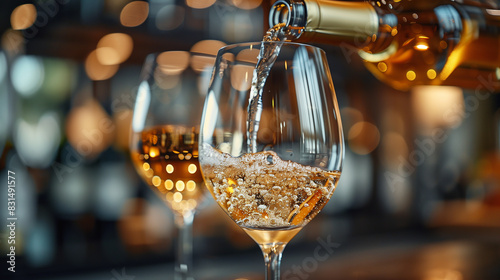 A glass of white wine is poured into a wine glass photo