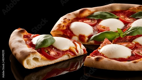 pizza margherita in the lover left corner with black background
