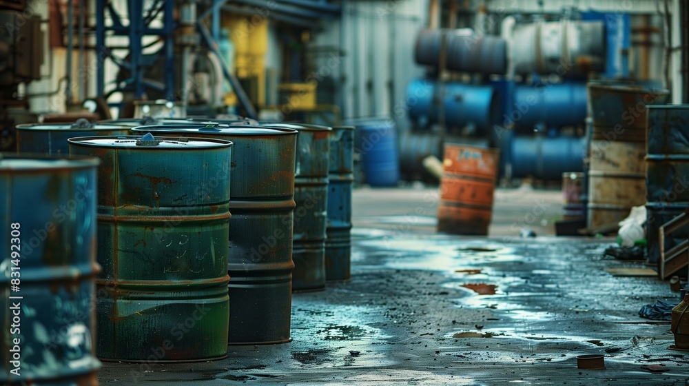 Photograph of chemical barrels, arranged in an industrial environment. Drums of industrial chemicals in the factory. Photograph of chemical barrels, arranged in an industrial environment. Drums of industrial chemicals in the factory.