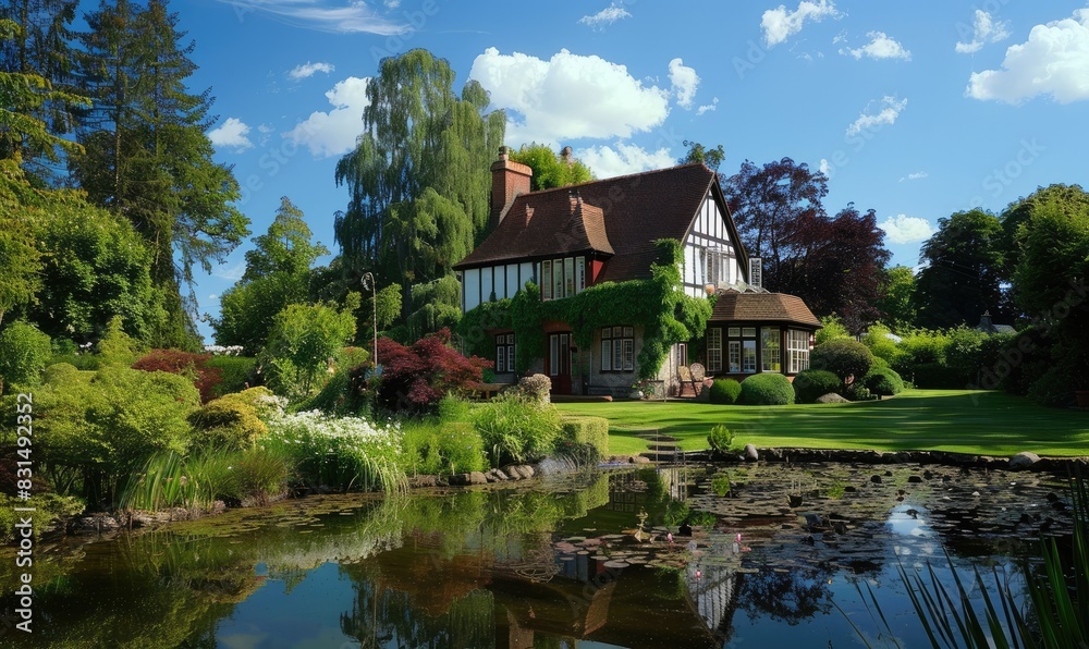 English traditional house with a large green garden and a pond in front English traditional house with a large green garden and a pond in front