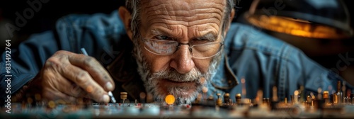 Bearded man in glasses examines electronic device photo
