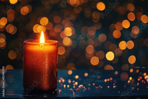 Burning candle with festive bokeh on brown background with sparkles and copy space. Holiday concept