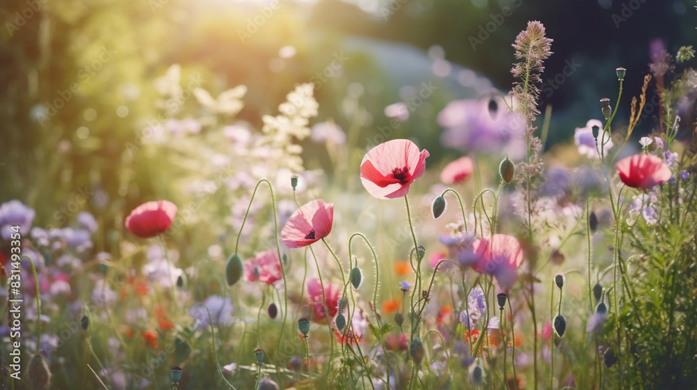 Obraz premium Red poppies and other colorful wildflowers in a meadow, sunny day, Generative AI