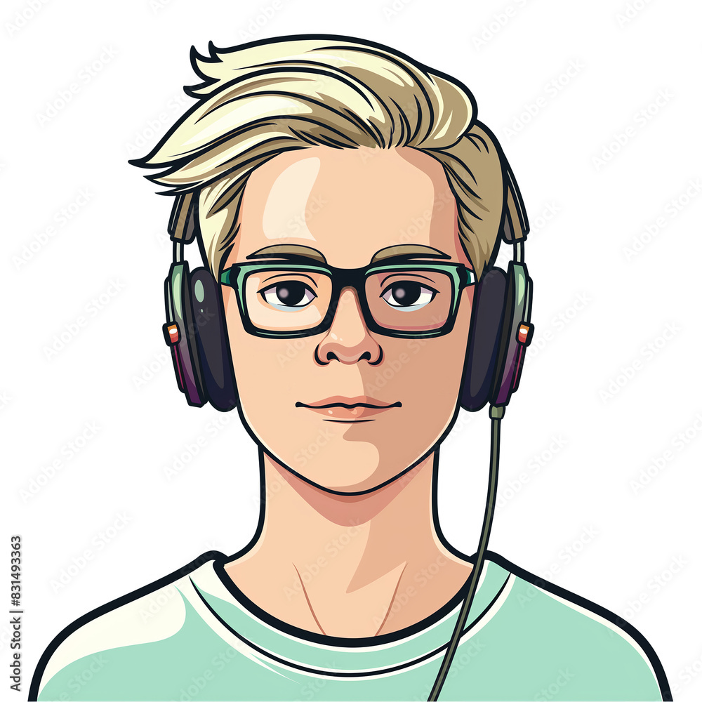 young man with blonde hair wearing glasses and headphones . png . clip art . vector cartoon art style . remove background young man with blonde hair wearing glasses and headphones . png . clip art . vector cartoon art style . remove background