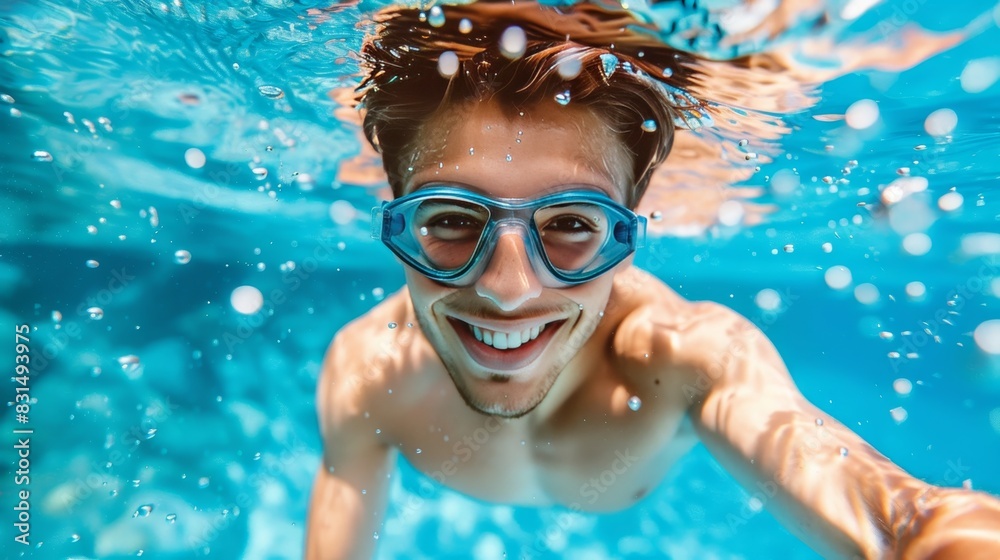 Naklejka premium Male swimmer underwater using goggles for improved visibility and enhanced clear vision