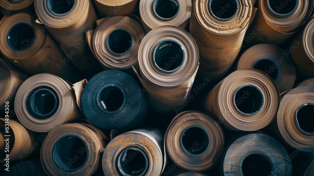 Photograph of paper rolls, bulk in an industrial environment. Rolls of printing paper in the factory.