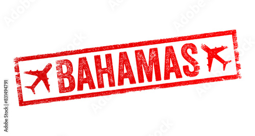 Bahamas - is a country in North America, it is an island country within the Lucayan Archipelago of the West Indies in the Atlantic Ocean, text emblem stamp with airplane