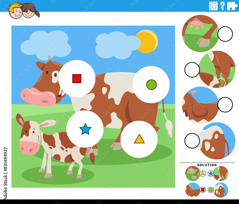 match the pieces game with cartoon cow and calf farm animals match the pieces game with cartoon cow and calf farm animals