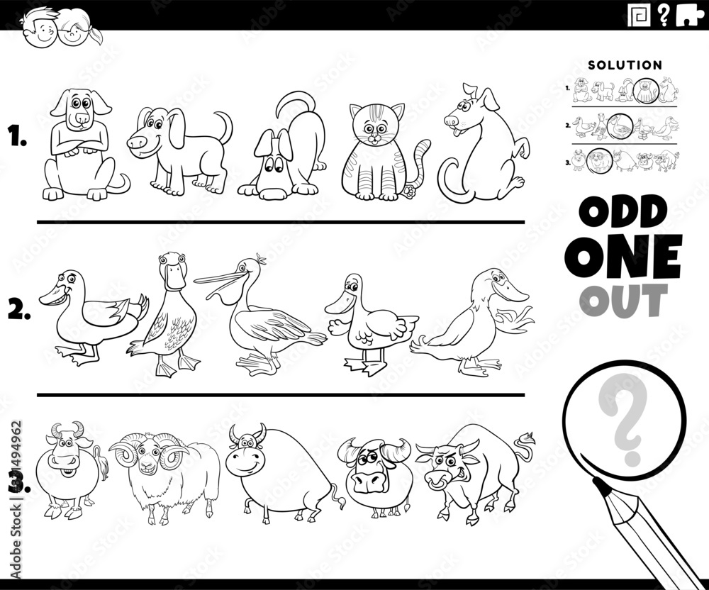 odd one out task with cartoon animal characters coloring page